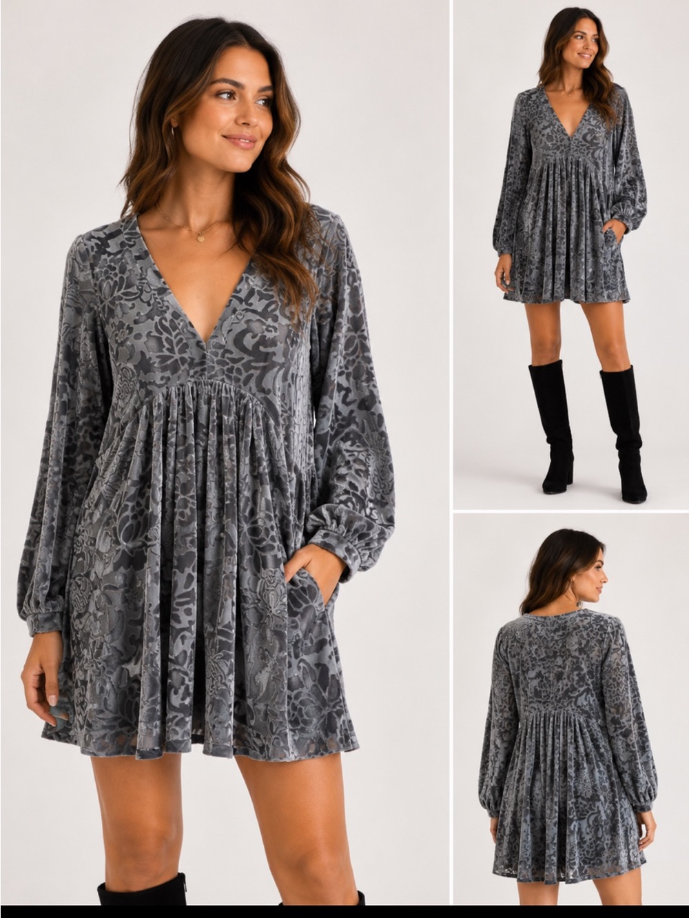 Free people gray burnout velvet mini dress size small t p Fariy